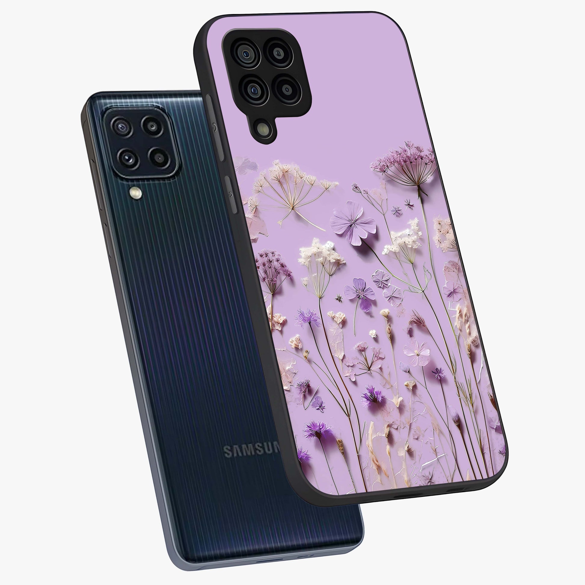 Lavender Blossom Dream Glass Case displayed in angled mockup highlighting dreamy lavender flower design with calming aesthetic style.