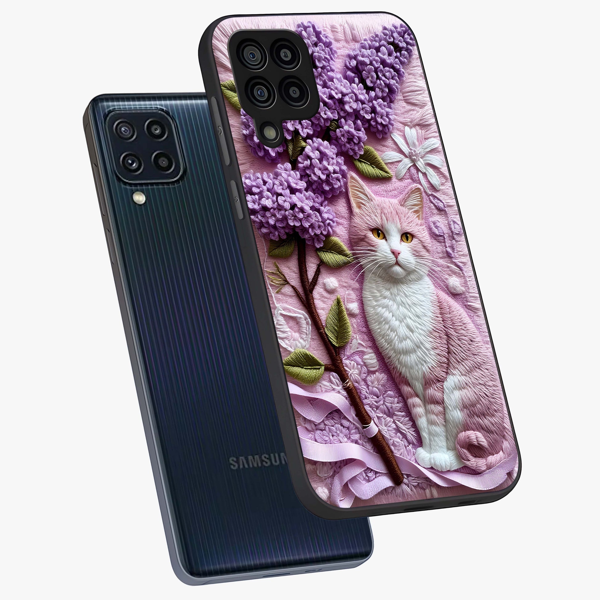 Lavender Cat Whimsy Glass Case displayed in angled mockup highlighting playful feline illustration with pastel lavender aesthetic.