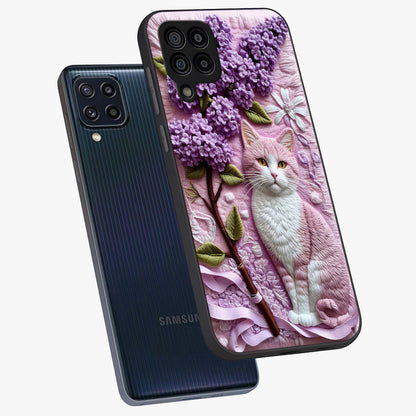 Lavender Cat Whimsy Glass Case displayed in angled mockup highlighting playful feline illustration with pastel lavender aesthetic.