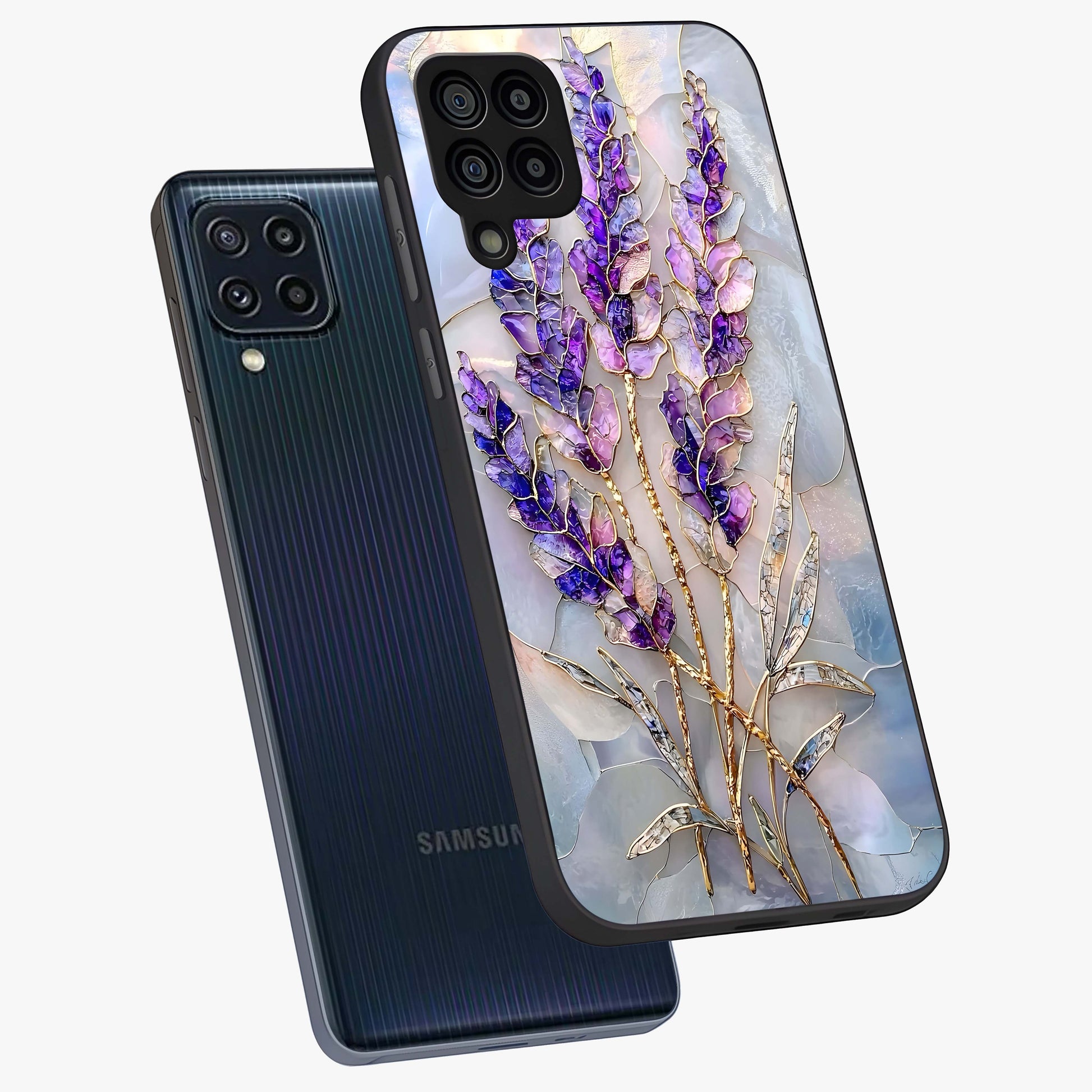 Lavender Dream Glow Glass Case displayed in angled mockup highlighting dreamy purple glow design with soft artistic style.