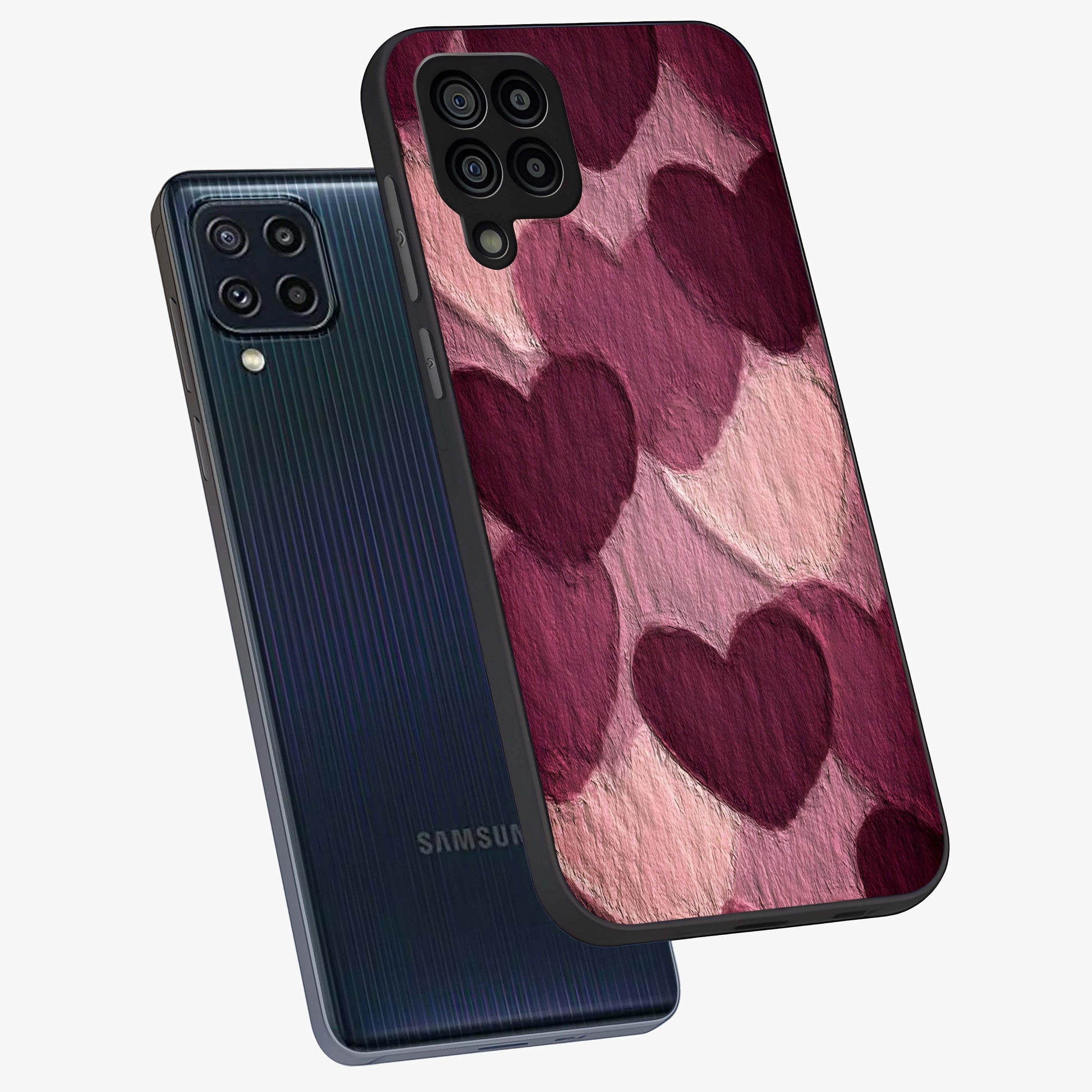 Layered Paper Hearts Glass Case displayed in angled mockup highlighting creative paper craft heart design with romantic aesthetic.