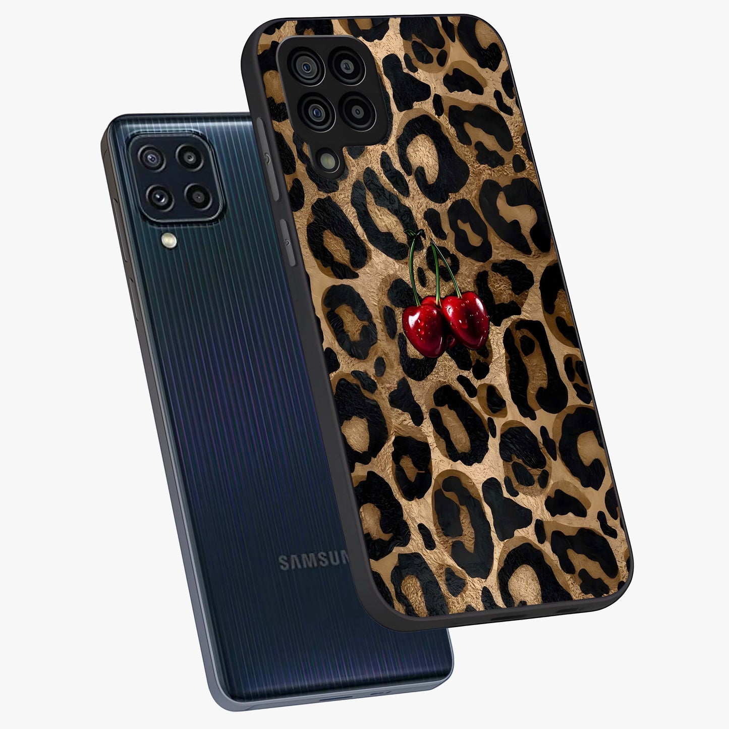 Leopard Wild Cherry Glass Case displayed in angled mockup highlighting bold animal print design with playful cherry aesthetic.