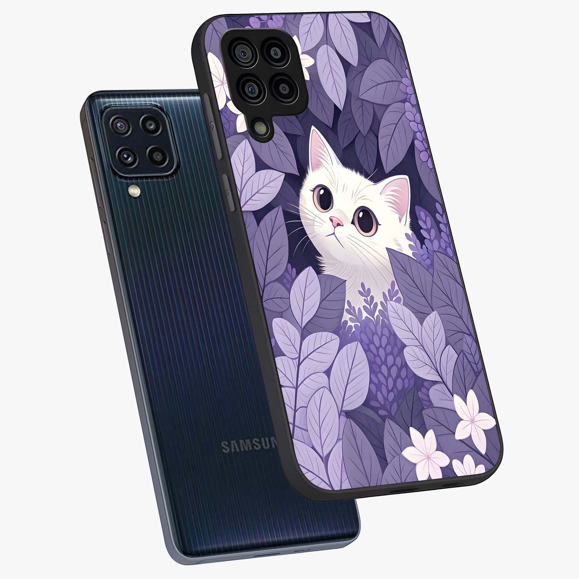 Lilac Hide Peek Cat Glass Case displayed in angled mockup highlighting playful feline illustration with lilac aesthetic design.