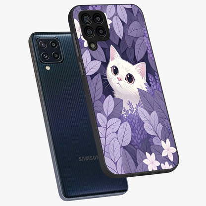 Lilac Hide Peek Cat Glass Case displayed in angled mockup highlighting playful feline illustration with lilac aesthetic design.