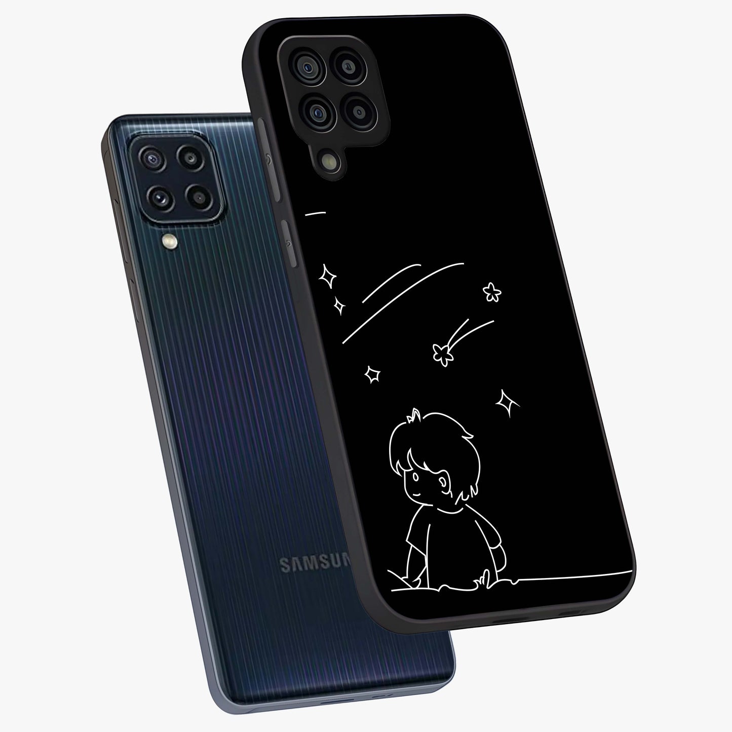Line Art Boy With Shooting Stars Glass Case displayed in angled mockup highlighting elegant line art design with dreamy star aesthetic.