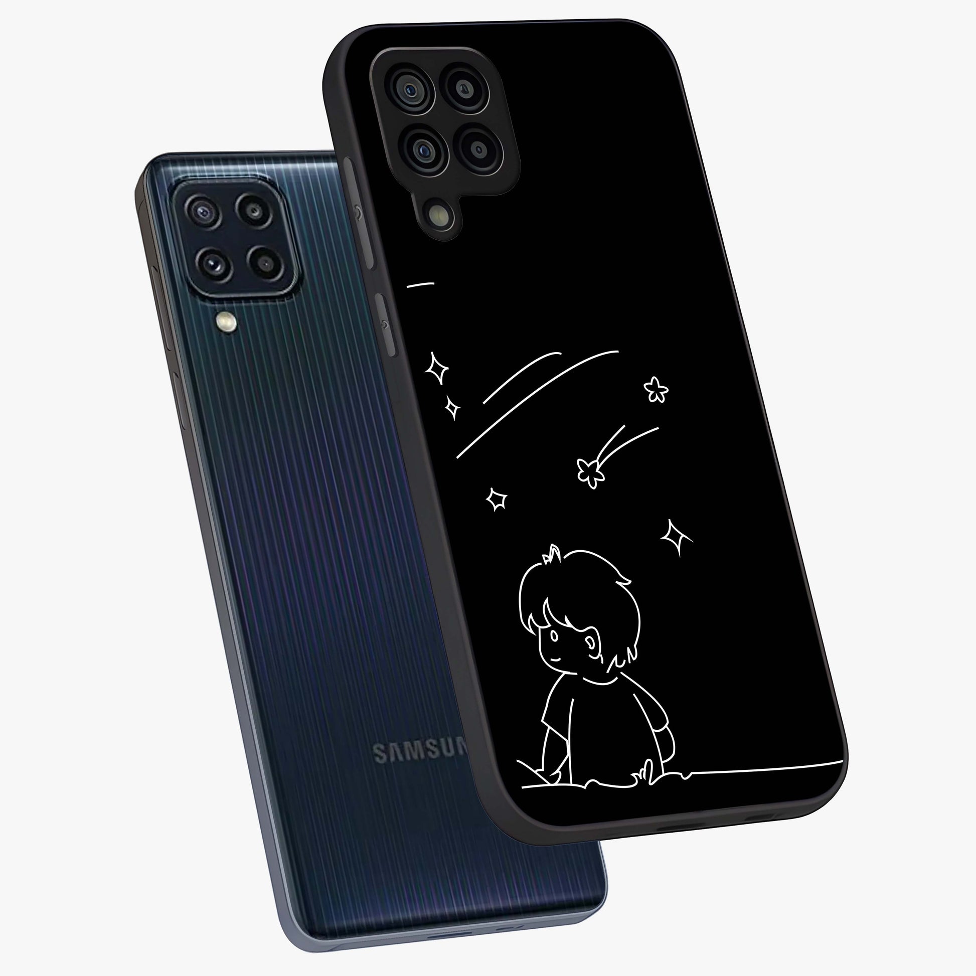 Line Art Boy With Shooting Stars Glass Case displayed in angled mockup highlighting elegant line art design with dreamy star aesthetic.