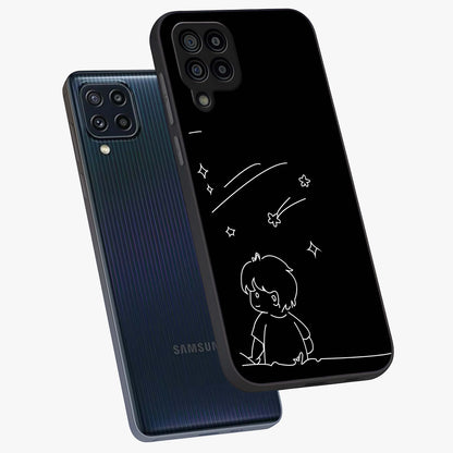 Line Art Boy With Shooting Stars Glass Case displayed in angled mockup highlighting elegant line art design with dreamy star aesthetic.