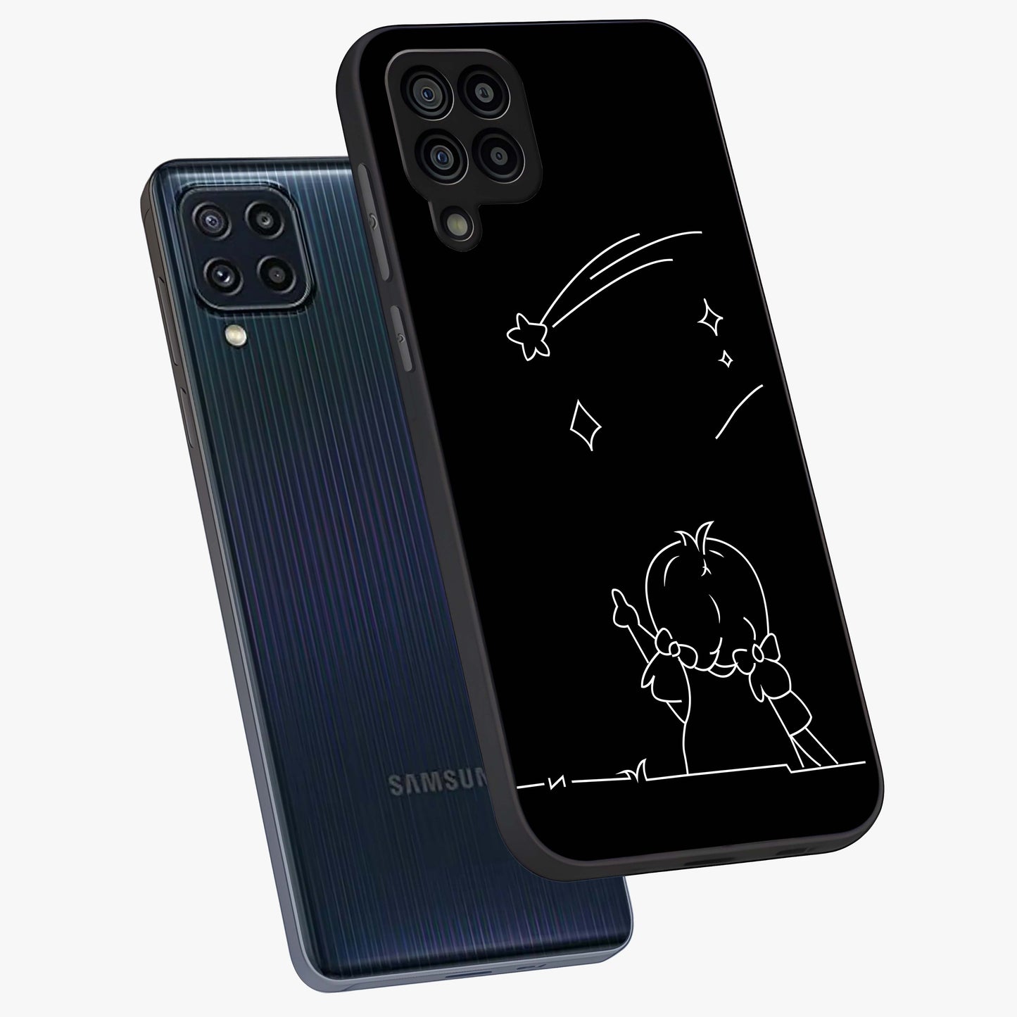 Line Art Girl With Shooting Stars Glass Case displayed in angled mockup highlighting elegant line art design with dreamy star aesthetic.
