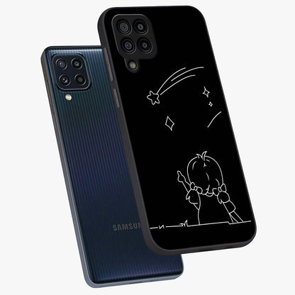 Line Art Girl With Shooting Stars Glass Case displayed in angled mockup highlighting elegant line art design with dreamy star aesthetic.