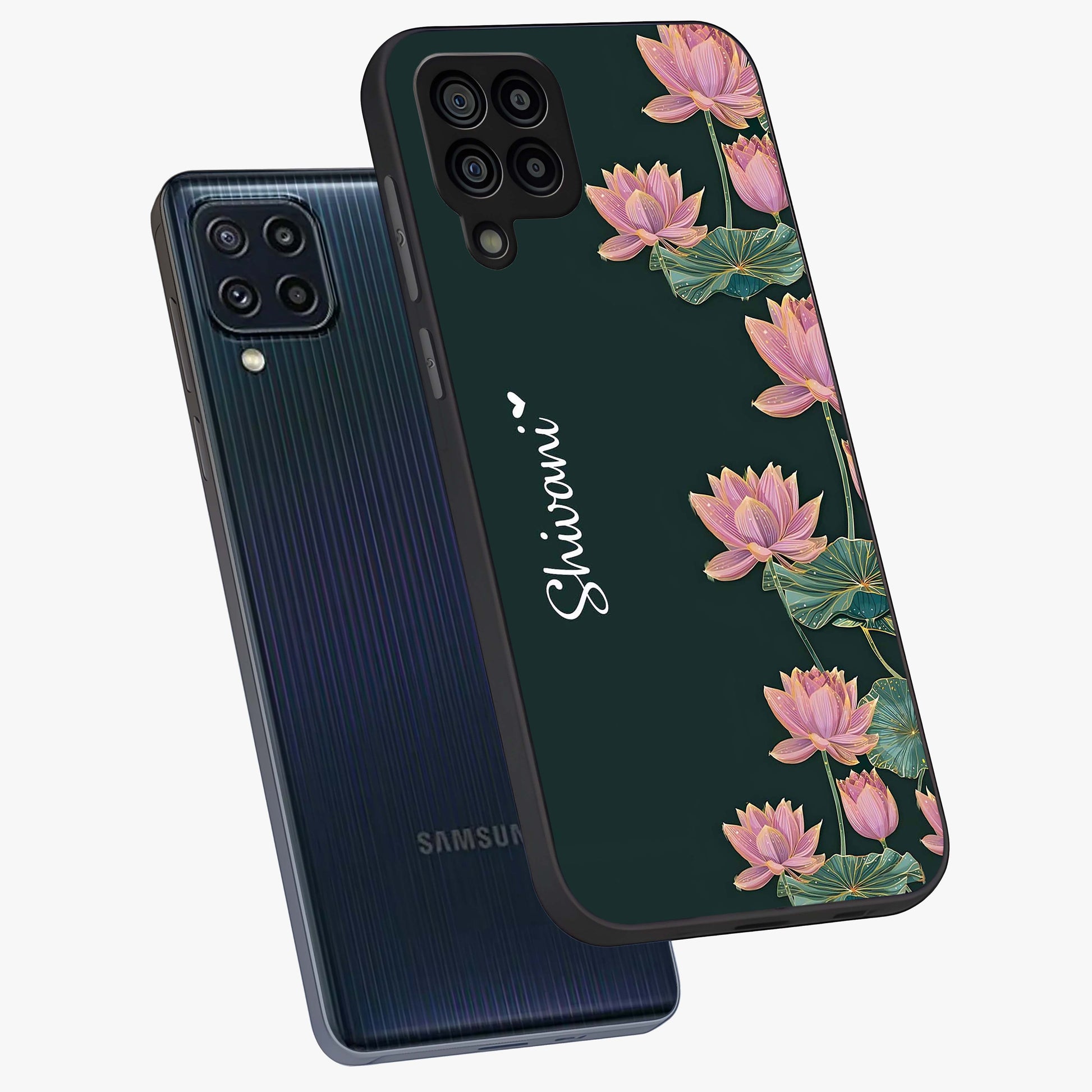 Lotus Bloom Serenity Custom Name Glass Case displayed in angled mockup highlighting graceful lotus illustration with custom name feature.