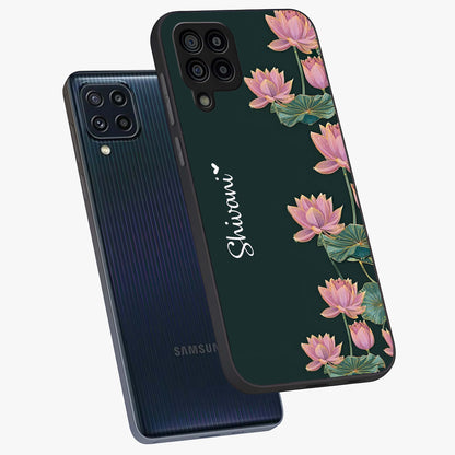 Lotus Bloom Serenity Custom Name Glass Case displayed in angled mockup highlighting graceful lotus illustration with custom name feature.