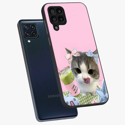 Love Matcha Cat Glass Case displayed in angled mockup highlighting playful feline illustration with cozy matcha aesthetic.
