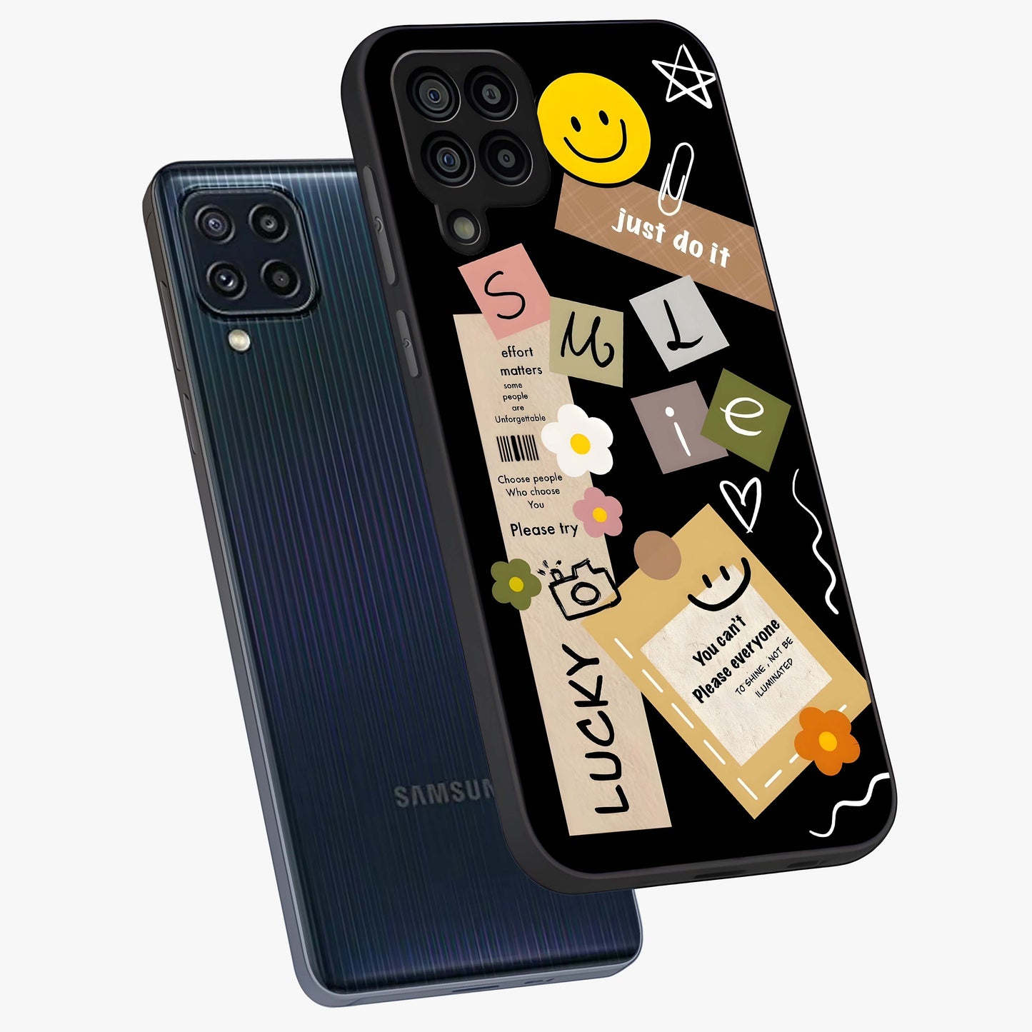 Lucky Aesthetic Collage Glass Case displayed in angled mockup highlighting stylish collage pattern with modern aesthetic vibe.