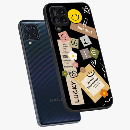 Lucky Aesthetic Collage Glass Case displayed in angled mockup highlighting stylish collage pattern with modern aesthetic vibe.