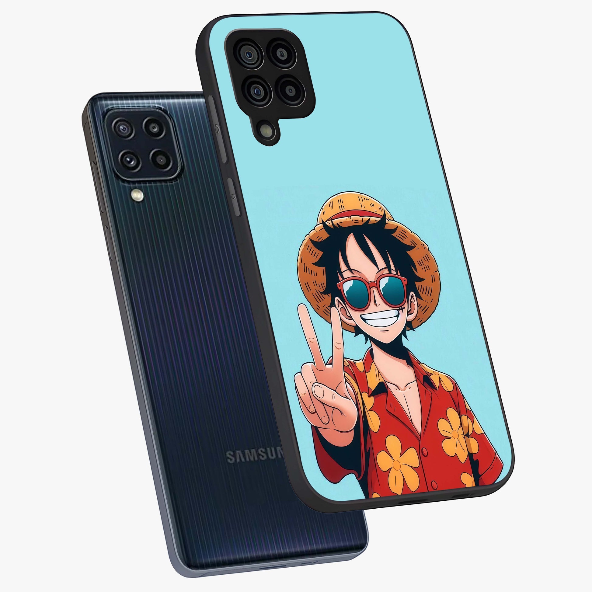 Luffy Summer Anime Vibe Glass Case displayed in angled mockup highlighting energetic anime illustration with summer vibe aesthetic.