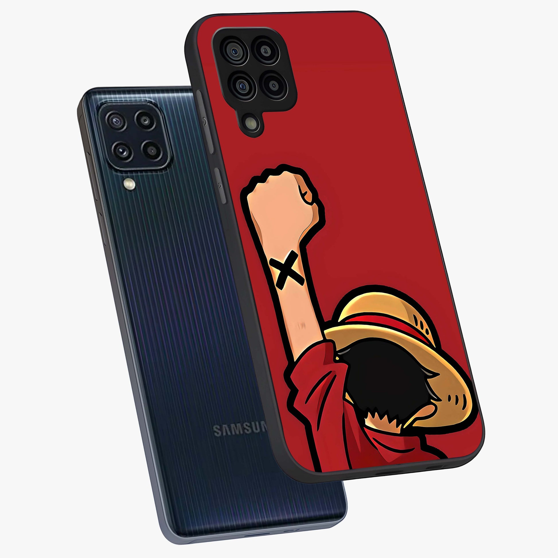 Luffy X Spirit Glass Case displayed in angled mockup highlighting powerful anime design with energetic action aesthetic.