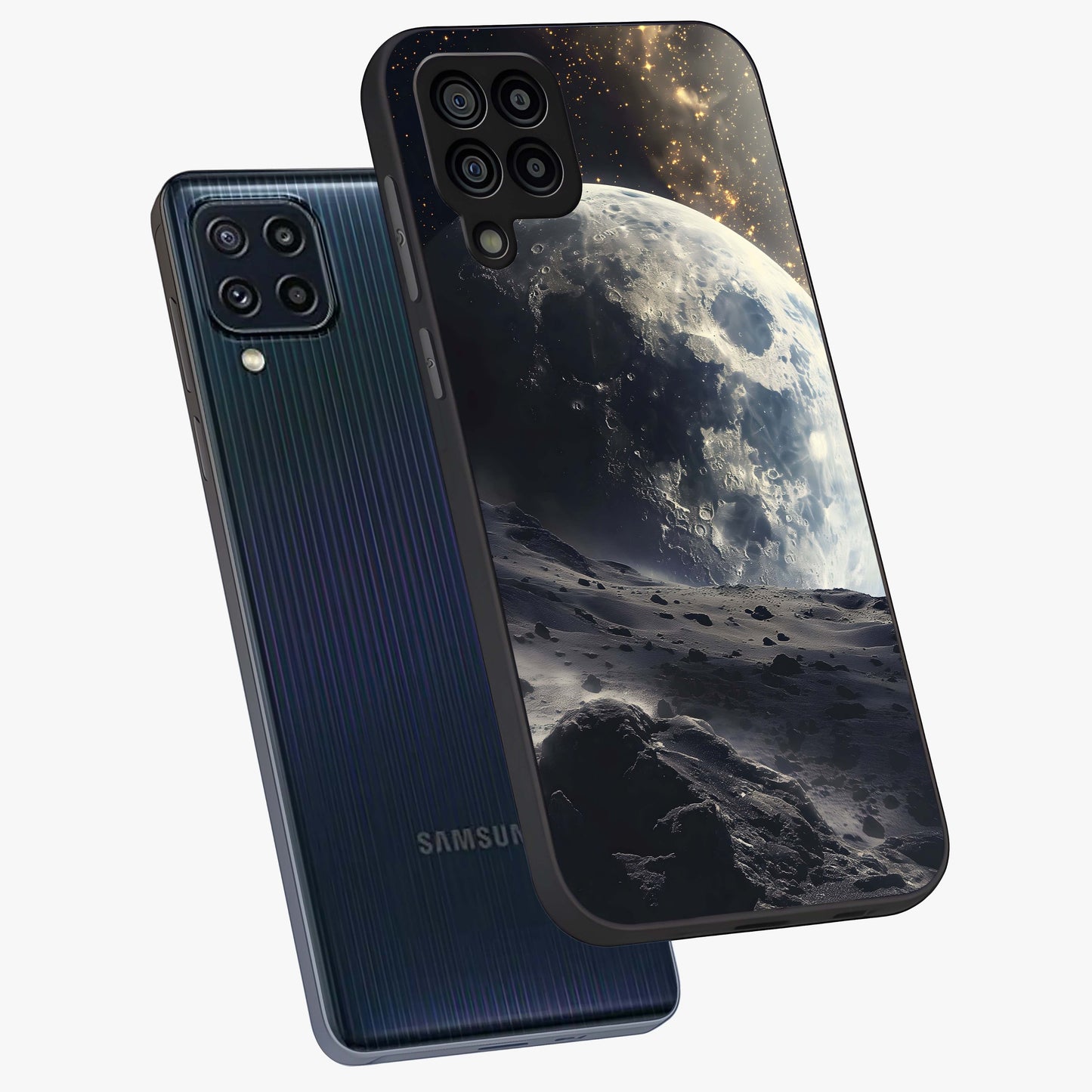 Lunar Horizon Glow Glass Case displayed in angled mockup highlighting celestial moon design with dreamy night aesthetic.