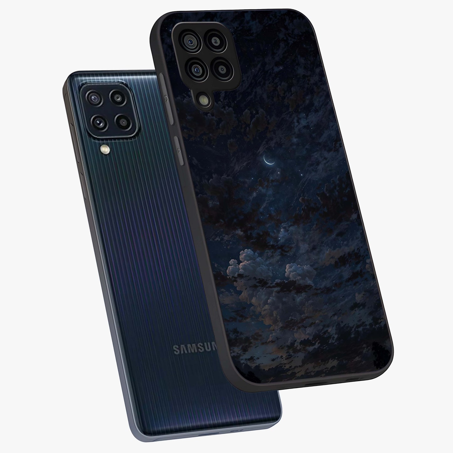 Lunar Veil Silence Glass Case displayed in angled mockup highlighting soft lunar design with peaceful celestial aesthetic.