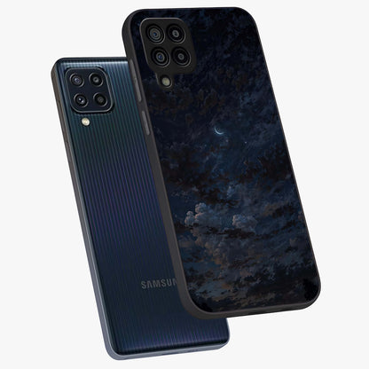 Lunar Veil Silence Glass Case displayed in angled mockup highlighting soft lunar design with peaceful celestial aesthetic.
