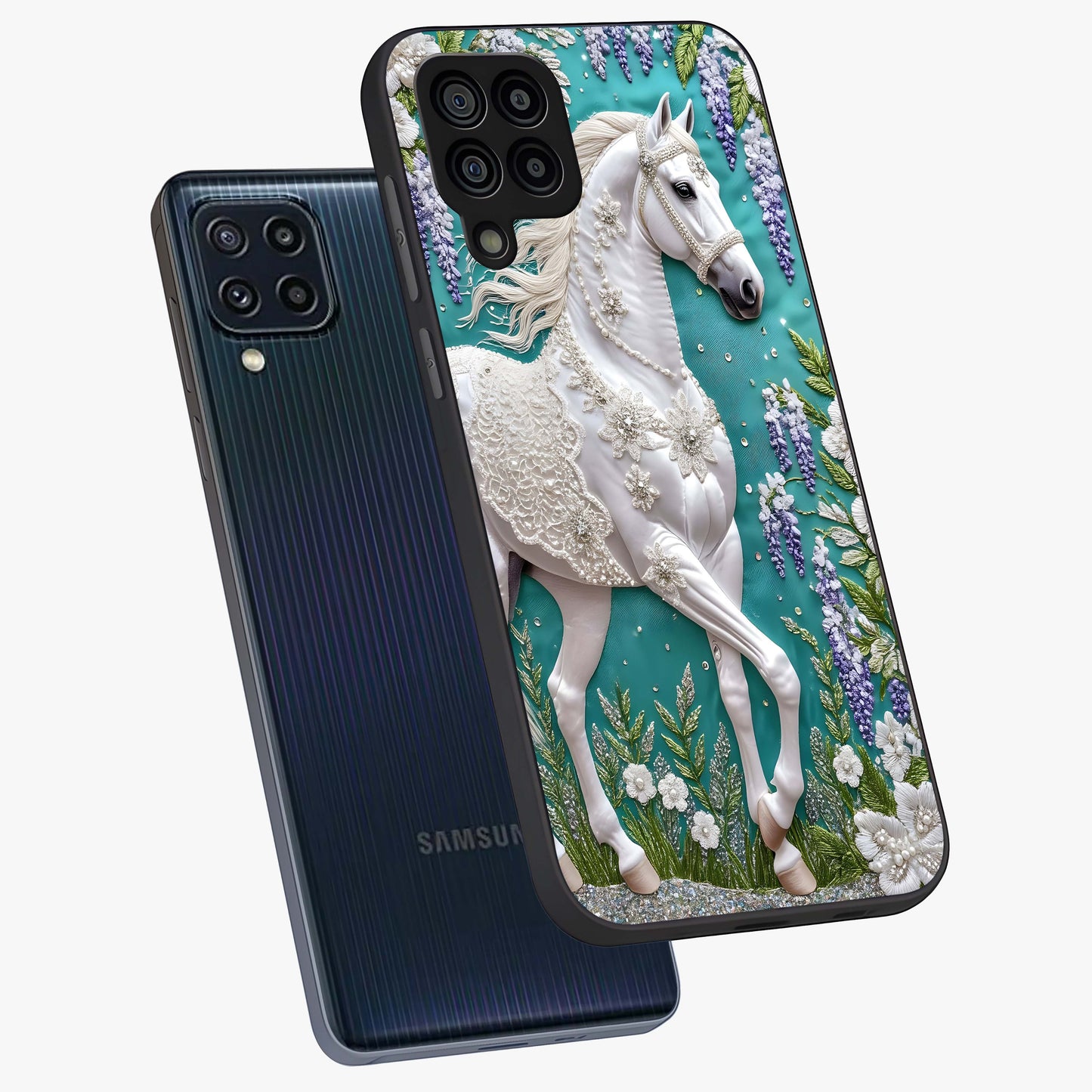 Majestic Floral Stallion Glass Case displayed in angled mockup highlighting majestic stallion illustration with elegant floral aesthetic.