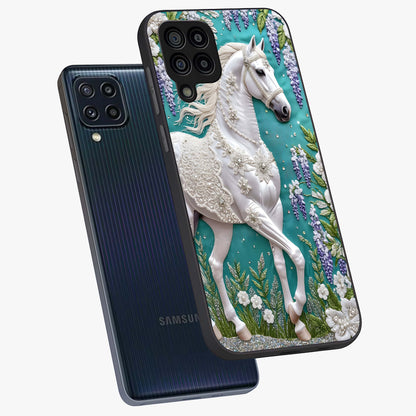 Majestic Floral Stallion Glass Case displayed in angled mockup highlighting majestic stallion illustration with elegant floral aesthetic.