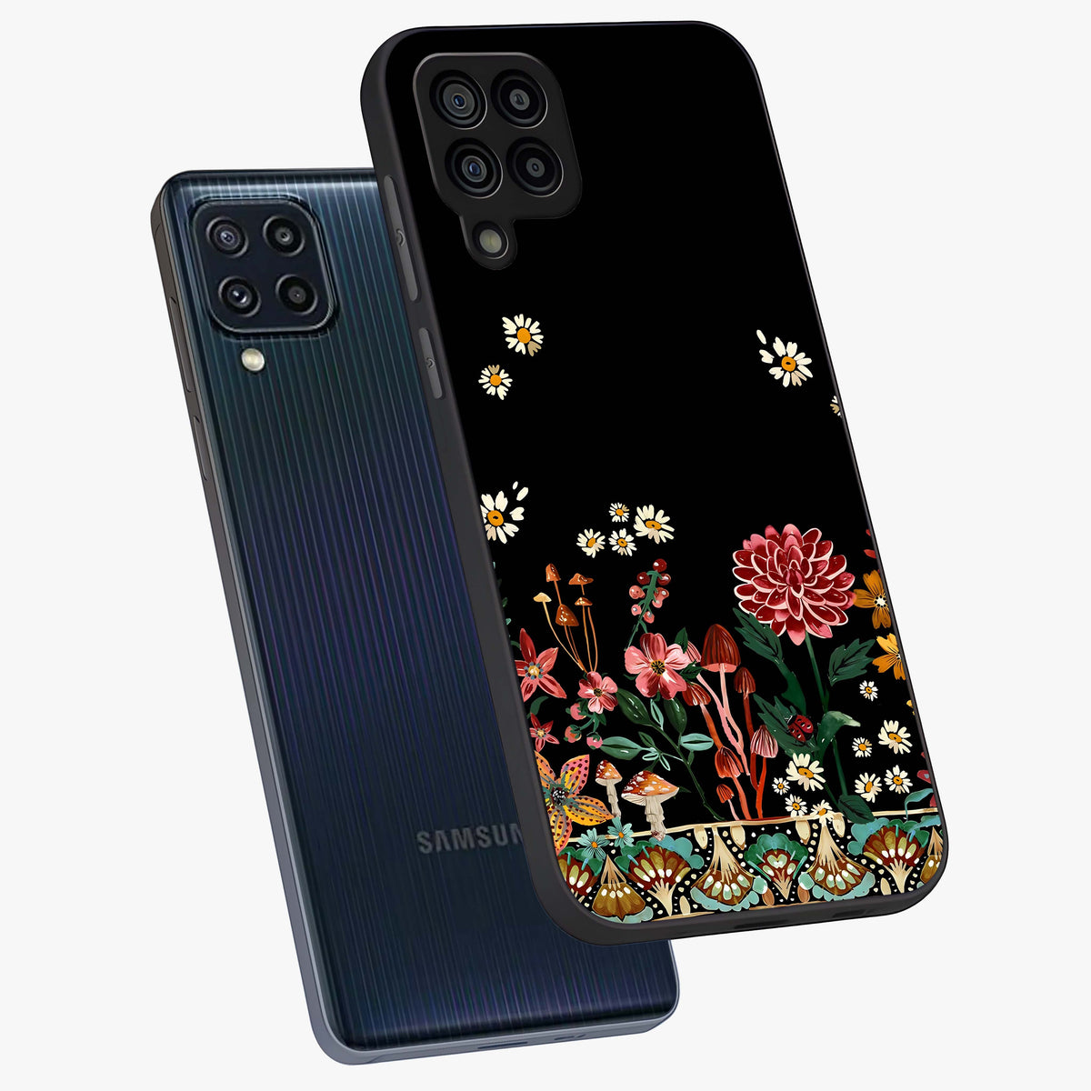 Midnight Bloom Pattern Glass Case displayed in angled mockup highlighting elegant flower design with midnight aesthetic style.