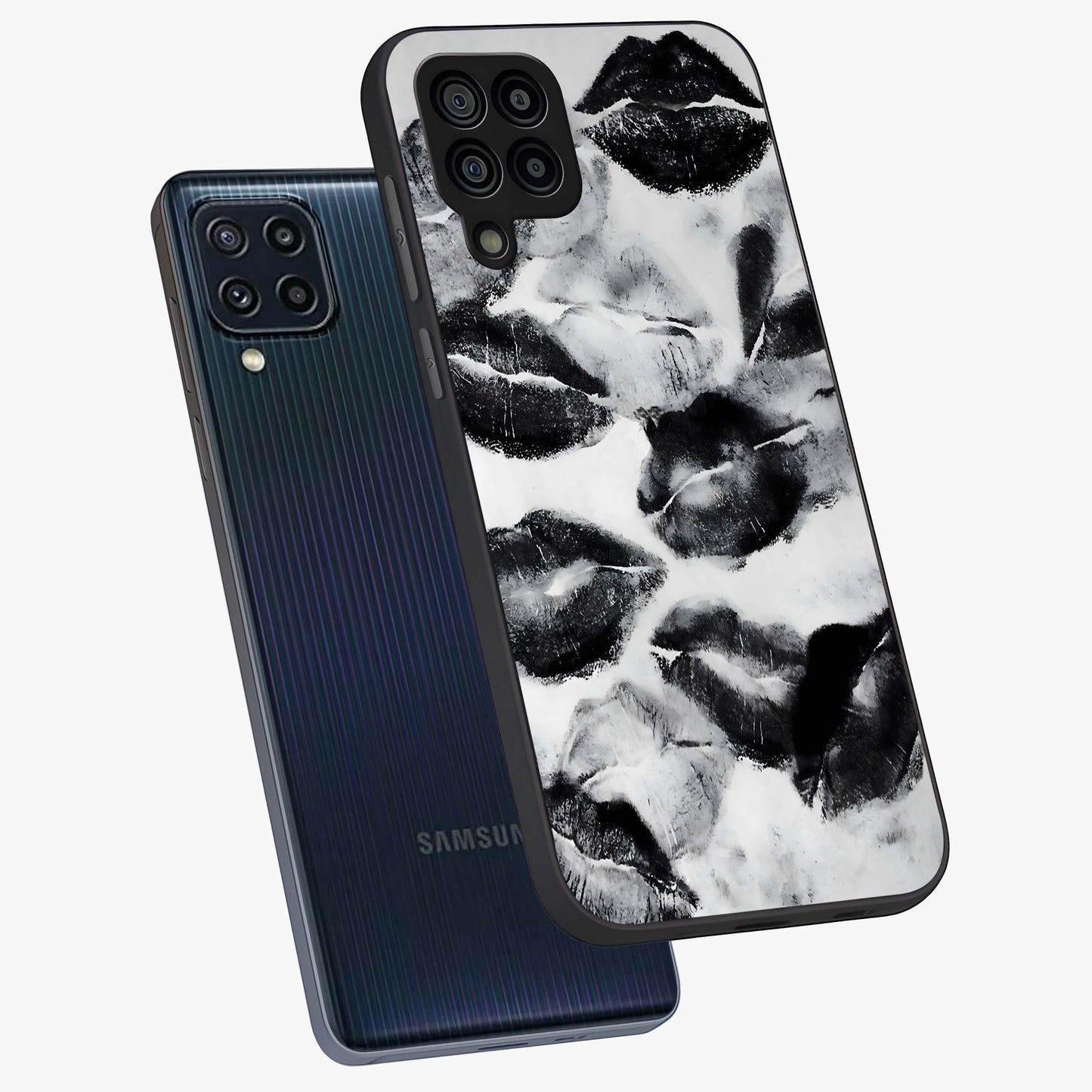 Midnight Kiss Marks Glass Case displayed in angled mockup highlighting playful romantic design with bold midnight aesthetic.