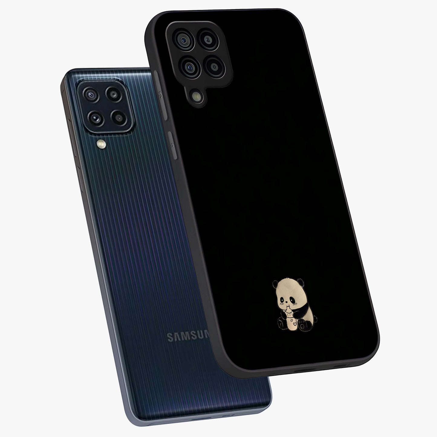 Midnight Panda Love Glass Case displayed in angled mockup highlighting adorable panda illustration with midnight aesthetic.