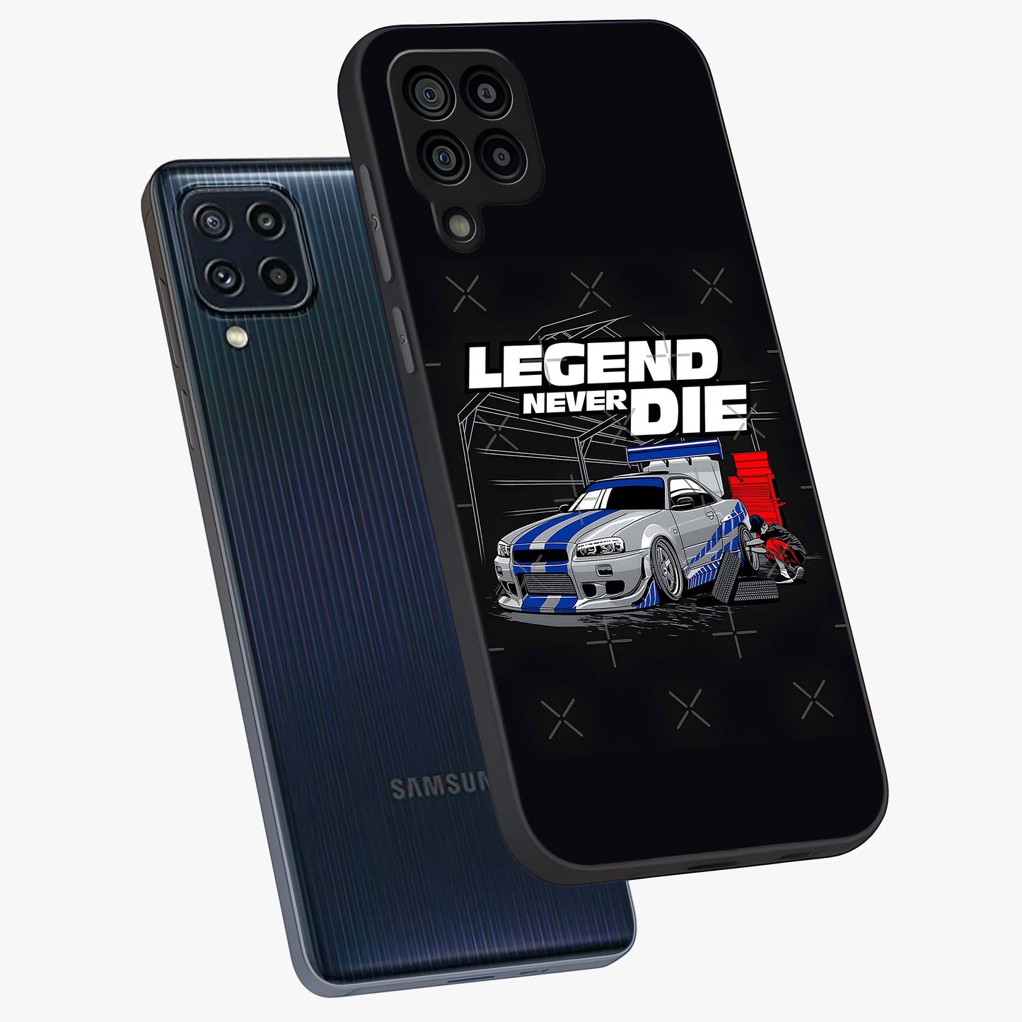 Midnight Racing Legacy Glass Case displayed in angled mockup highlighting dynamic automotive design with bold midnight aesthetic.