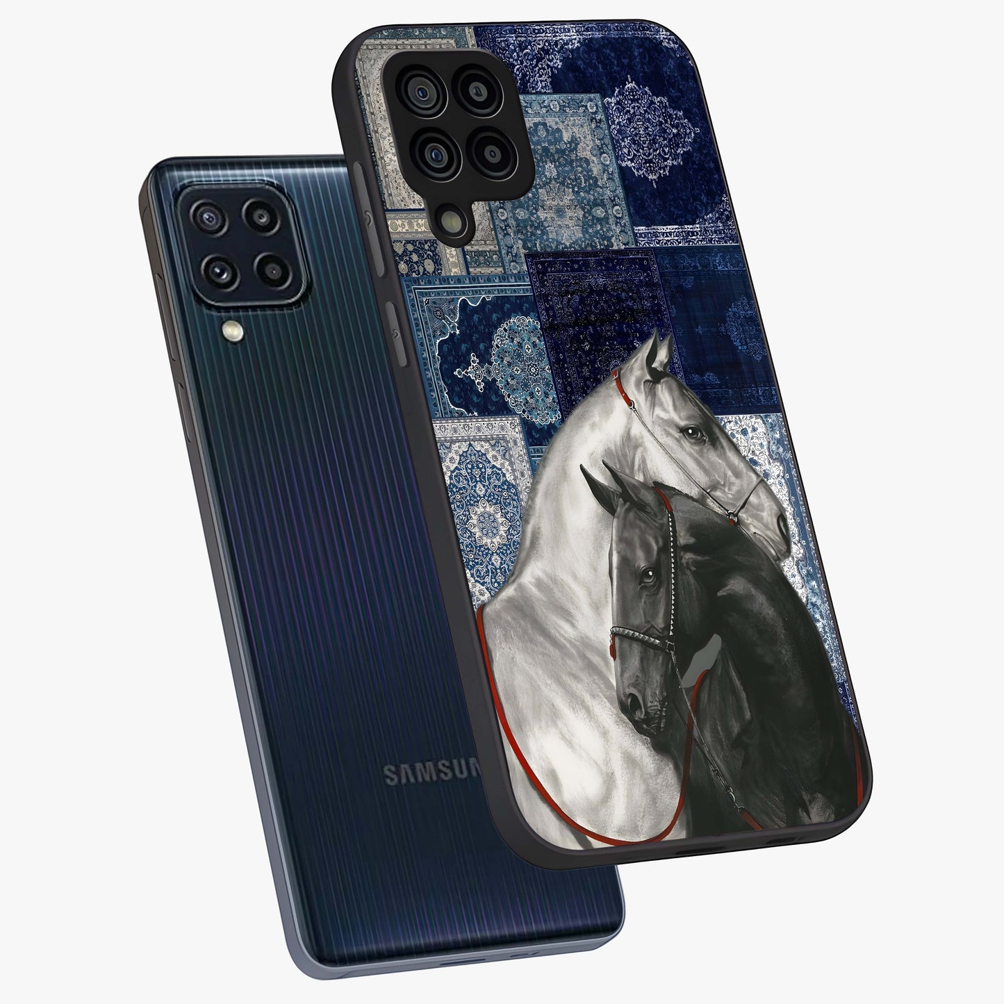 Midnight Stallion Blues Glass Case displayed in angled mockup highlighting powerful stallion illustration with deep midnight tones.