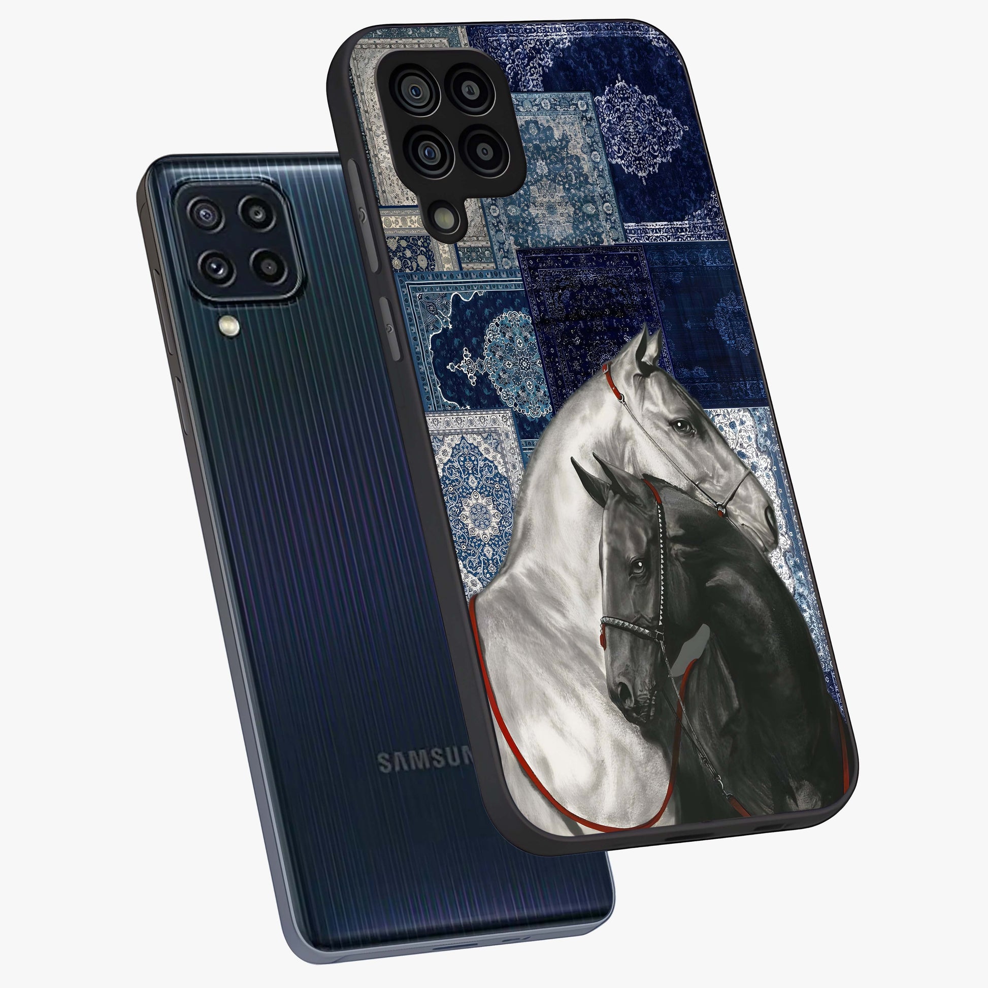 Midnight Stallion Blues Glass Case displayed in angled mockup highlighting powerful stallion illustration with deep midnight tones.