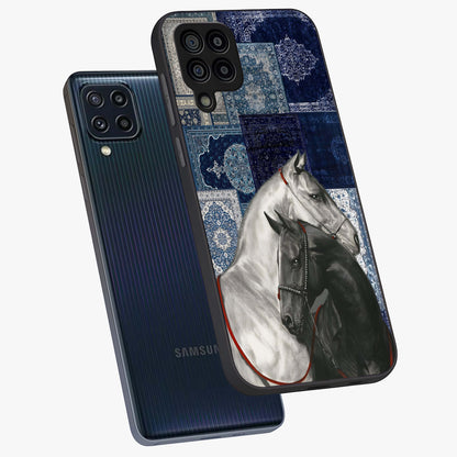 Midnight Stallion Blues Glass Case displayed in angled mockup highlighting powerful stallion illustration with deep midnight tones.