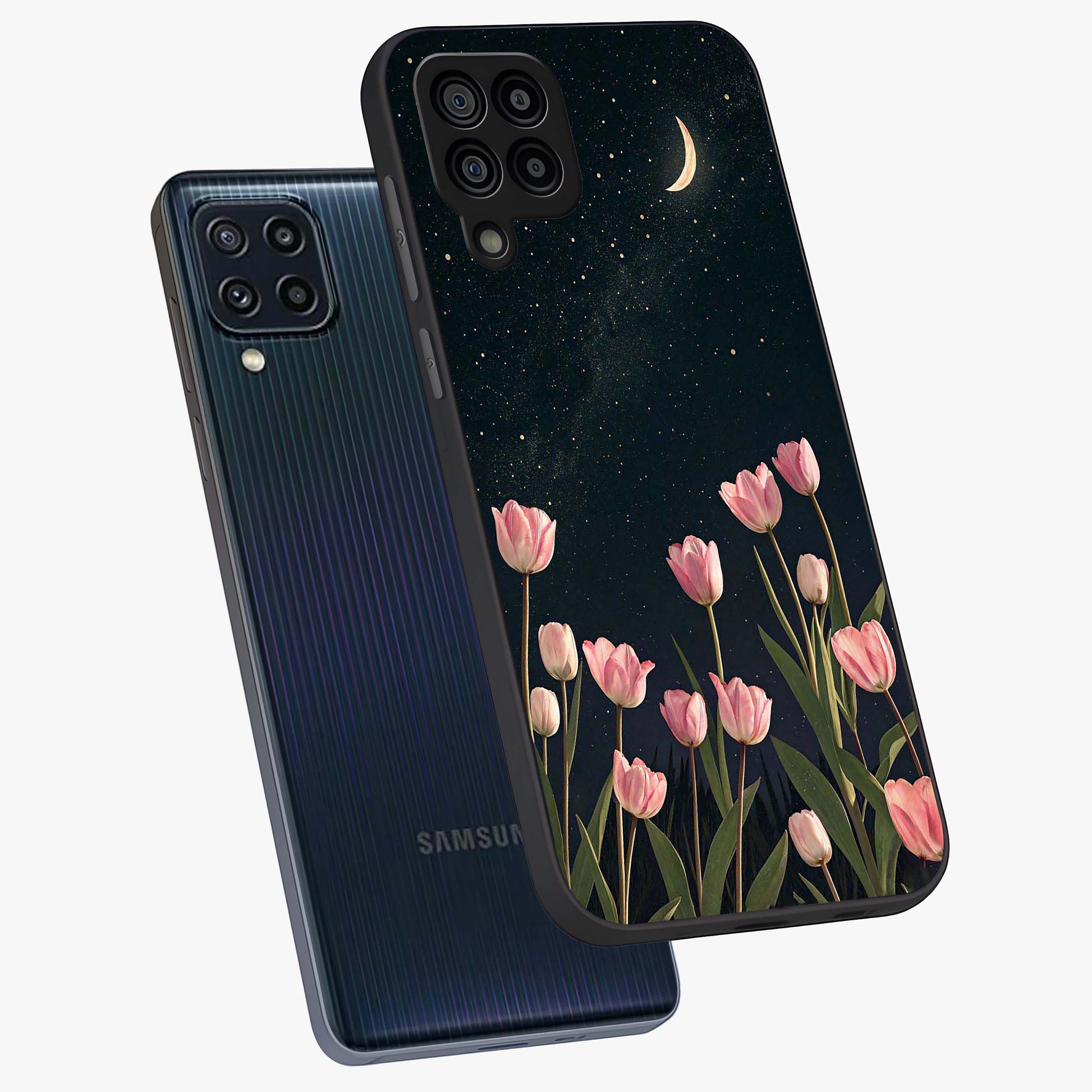 Midnight Tulip Whispers Vibe Glass Case displayed in angled mockup highlighting delicate tulip design with midnight floral aesthetic.