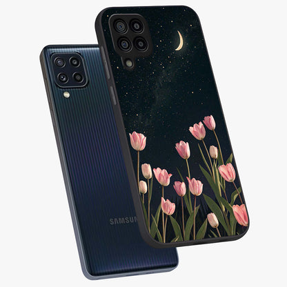 Midnight Tulip Whispers Vibe Glass Case displayed in angled mockup highlighting delicate tulip design with midnight floral aesthetic.