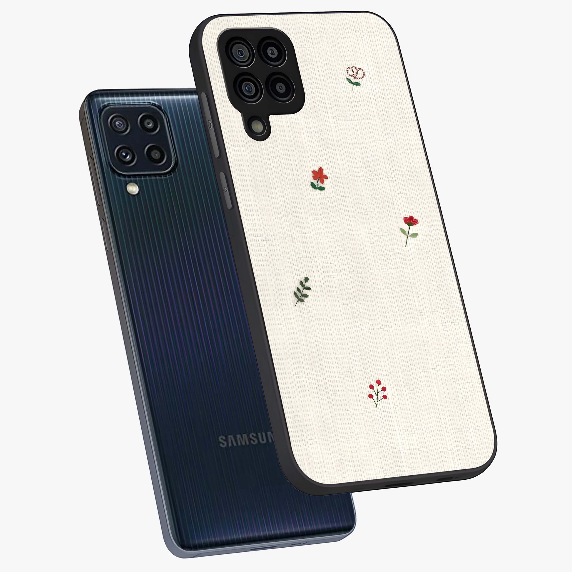Minimalistic Blue With White Flower Pattern Glass Case displayed in angled mockup highlighting simple floral design with minimal aesthetic.
