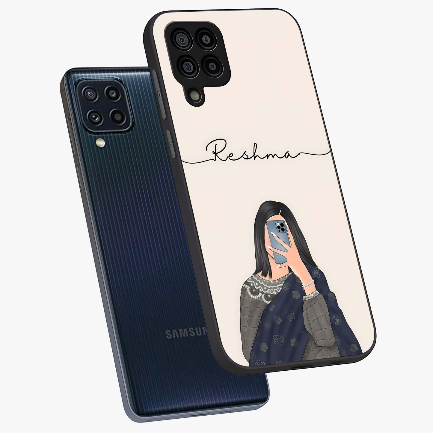 Mirror Mood Muse With Custom Name Glass Case displayed in angled mockup highlighting aesthetic mirror inspired design with custom name feature.