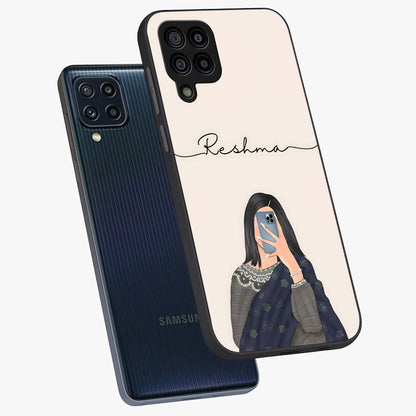 Mirror Mood Muse With Custom Name Glass Case displayed in angled mockup highlighting aesthetic mirror inspired design with custom name feature.