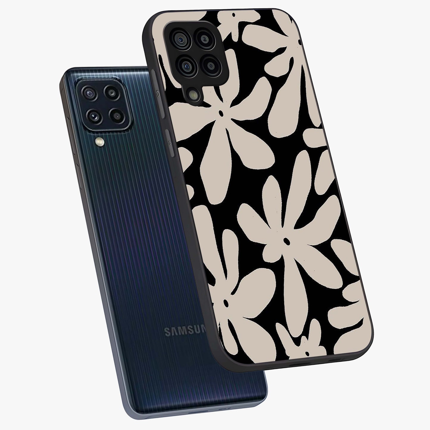 Monochrome Petal Dance Glass Case displayed in angled mockup highlighting elegant petal design with black and white aesthetic.