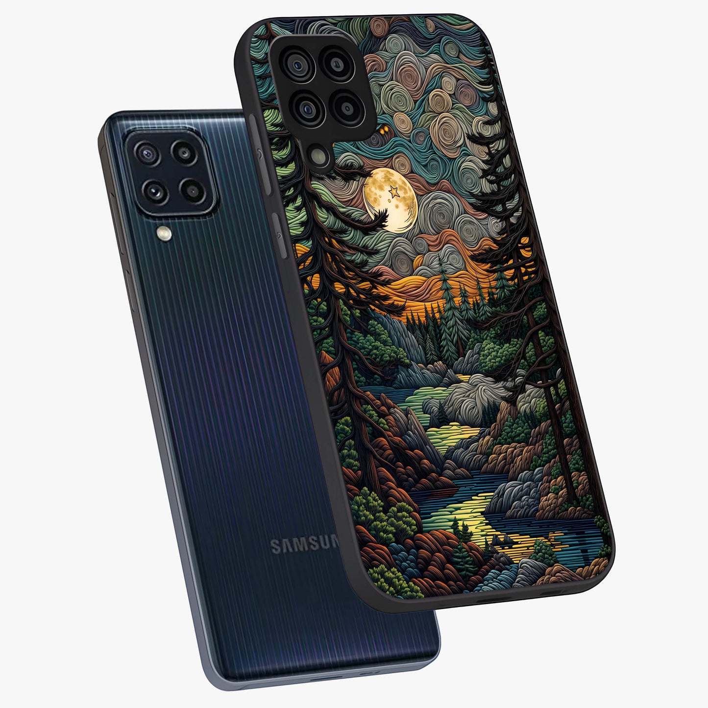 Moonlight Forest Dream Glass Case displayed in angled mockup highlighting dreamy forest design with glowing moon aesthetic.