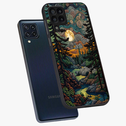 Moonlight Forest Dream Glass Case displayed in angled mockup highlighting dreamy forest design with glowing moon aesthetic.