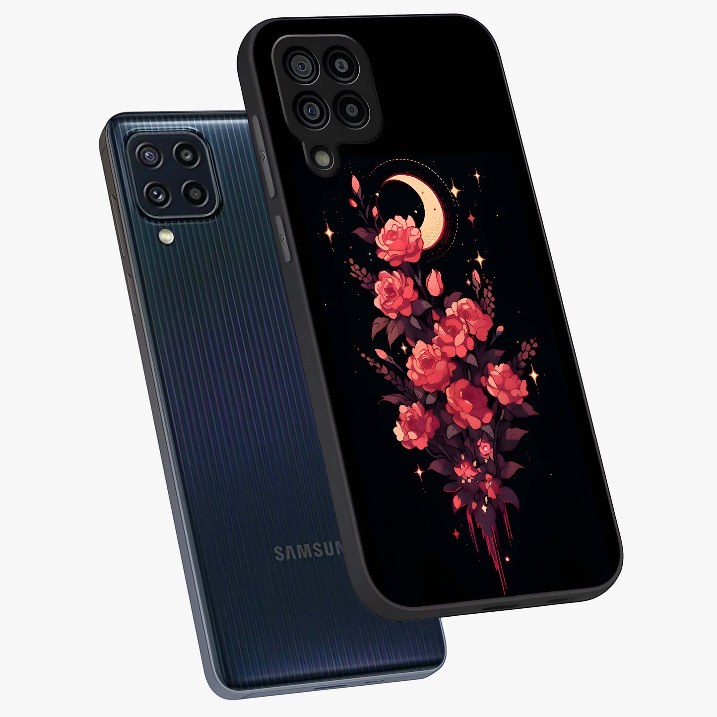 Moonlit Floral Elegance Glass Case displayed in angled mockup highlighting graceful flower design with soft moonlight aesthetic.