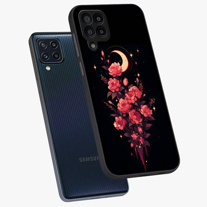 Moonlit Floral Elegance Glass Case displayed in angled mockup highlighting graceful flower design with soft moonlight aesthetic.