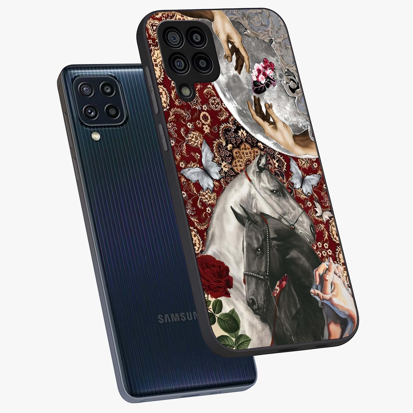 Moonlit Royal Stallion Glass Case displayed in angled mockup highlighting powerful stallion illustration with royal night aesthetic.