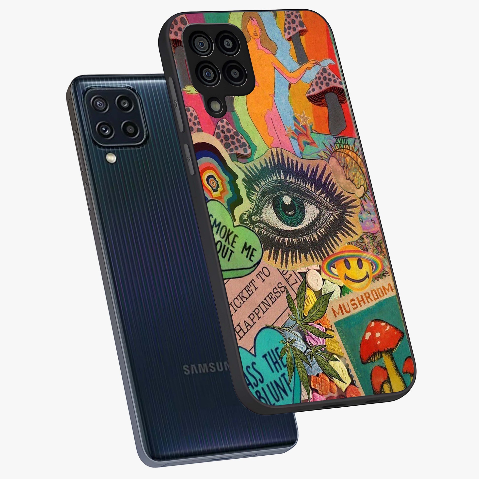 Mystic Eye Wonderland Glass Case displayed in angled mockup highlighting magical eye illustration with dreamy aesthetic.