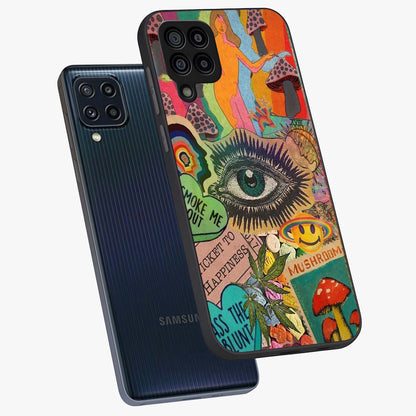 Mystic Eye Wonderland Glass Case displayed in angled mockup highlighting magical eye illustration with dreamy aesthetic.