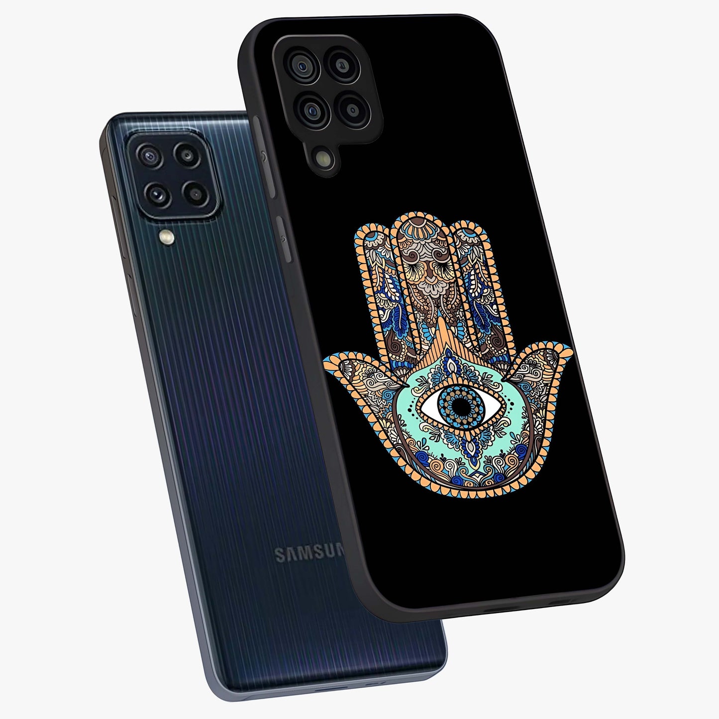Mystic Hamsa Eye Glass Case displayed in angled mockup highlighting spiritual hamsa symbol with mystical aesthetic style.