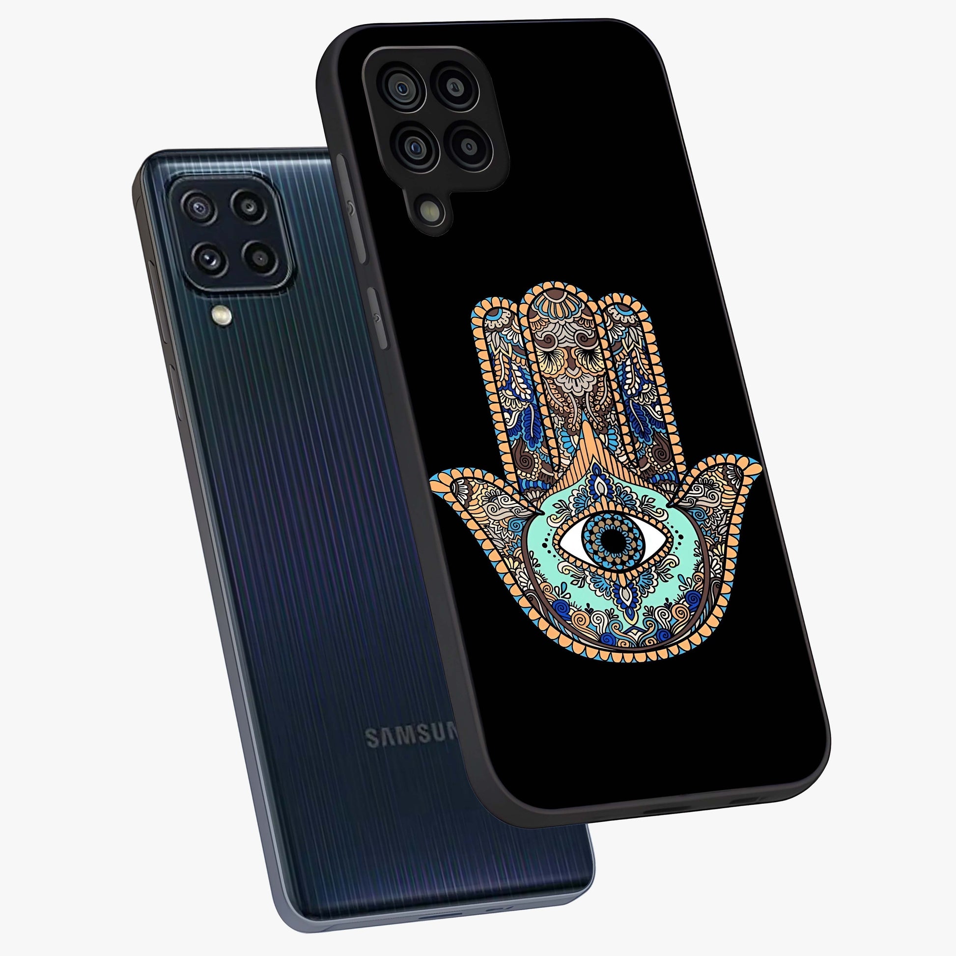 Mystic Hamsa Eye Glass Case displayed in angled mockup highlighting spiritual hamsa symbol with mystical aesthetic style.
