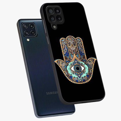 Mystic Hamsa Eye Glass Case displayed in angled mockup highlighting spiritual hamsa symbol with mystical aesthetic style.
