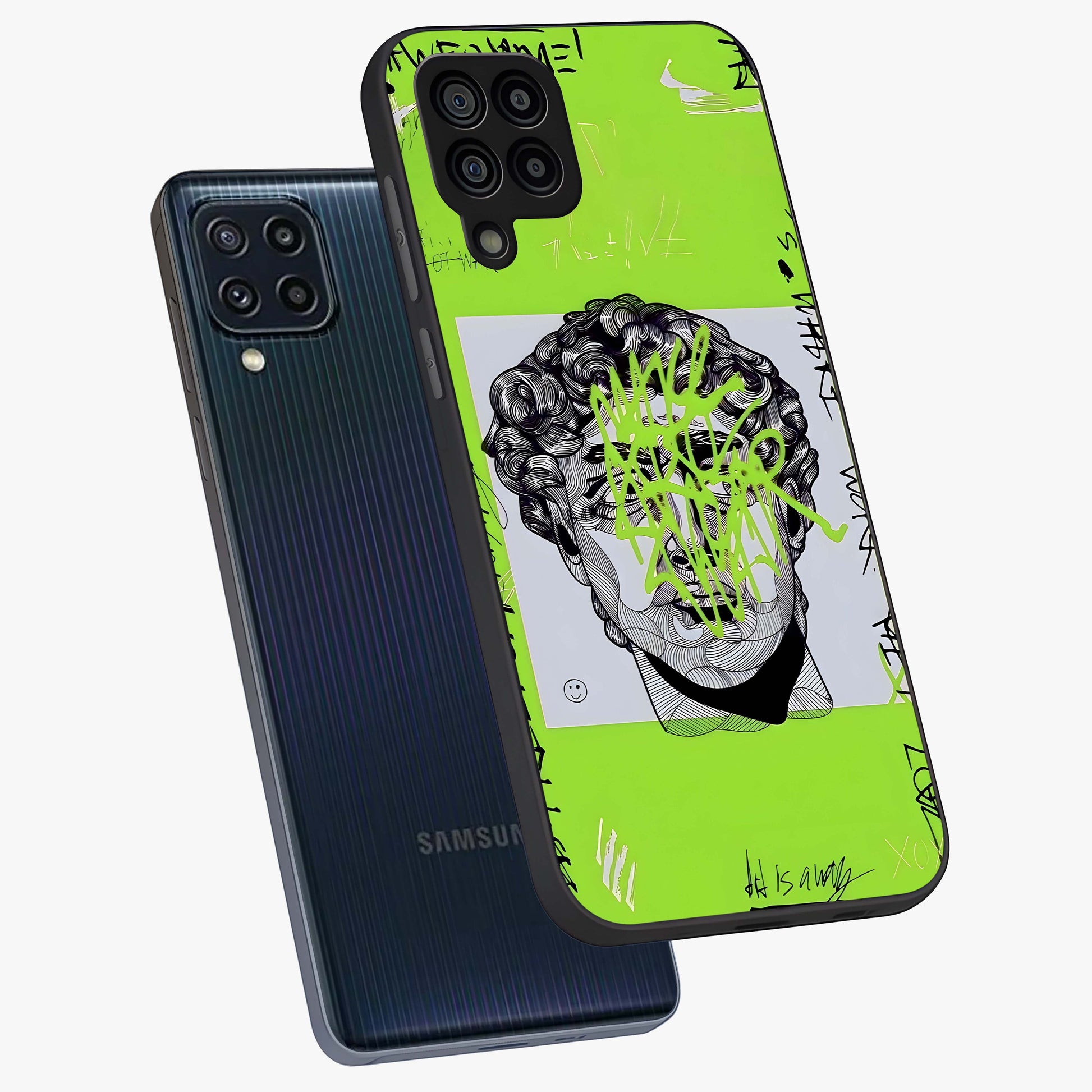 Neo Graffiti Rebellion Glass Case displayed in angled mockup highlighting urban street art design with rebellious aesthetic.