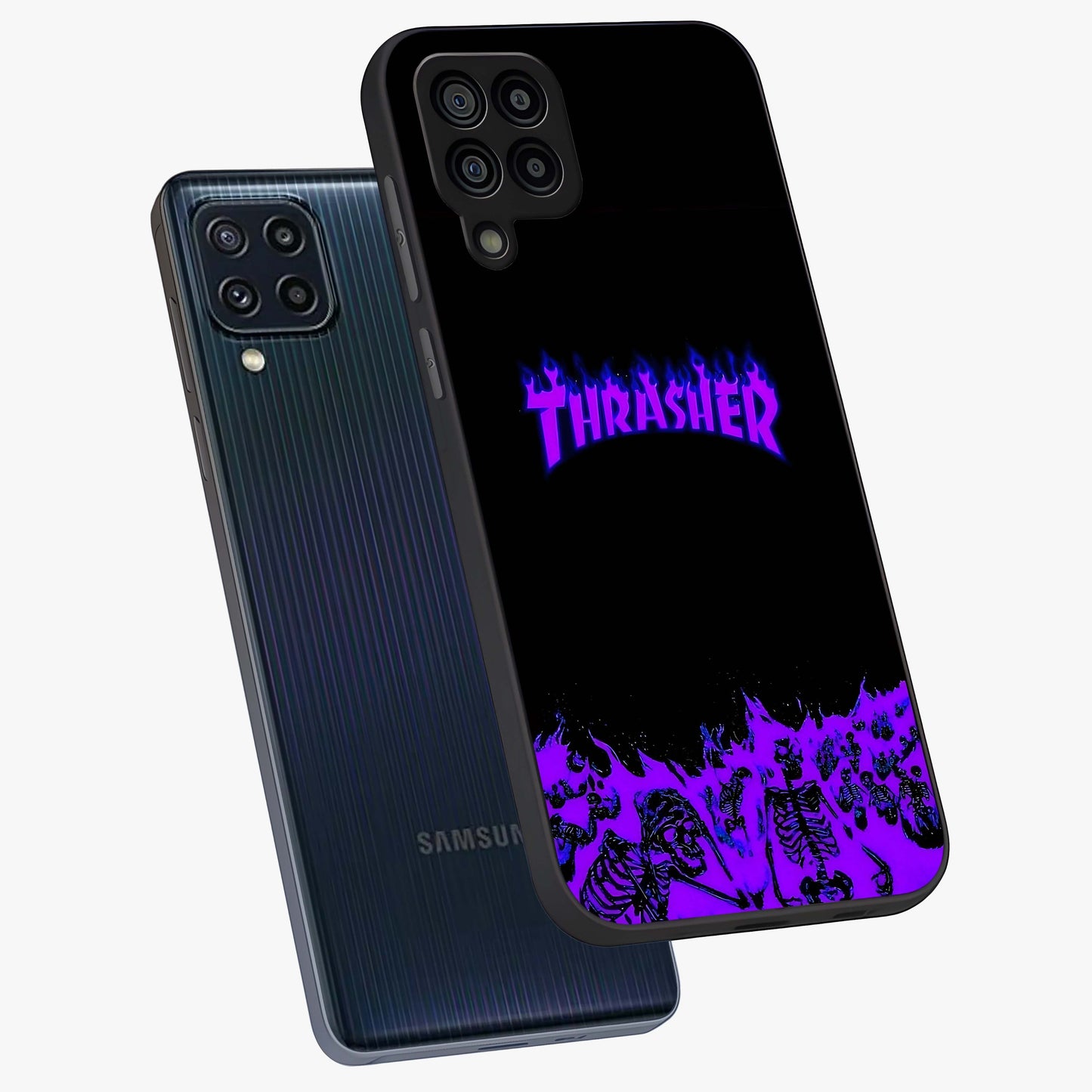 Neon Flame Riot Glass Case displayed in angled mockup highlighting glowing flame design with vibrant neon aesthetic.